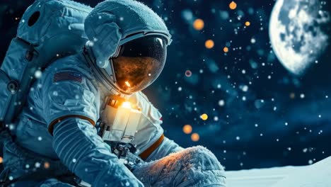 een astronaut zit in de sneeuw met een rugzak op zijn rug