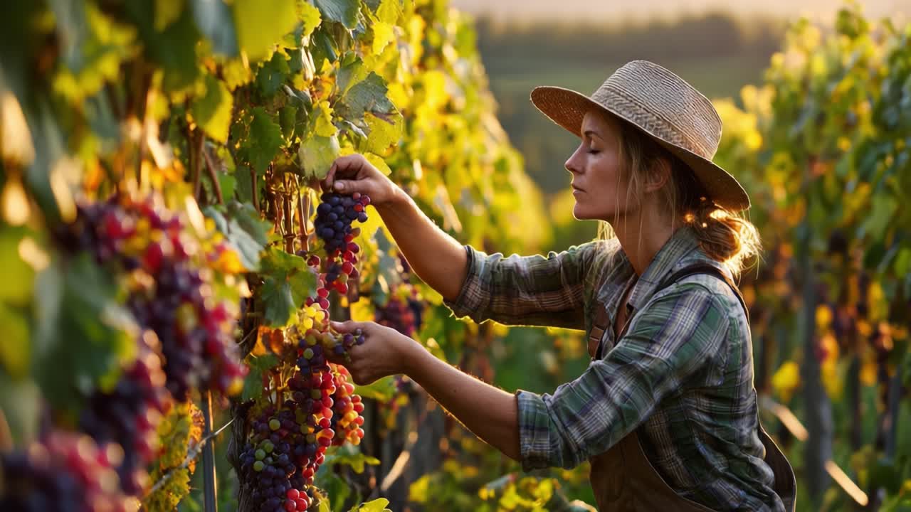 Un vignaiolo diligente raccoglie meticolosamente l'uva matura in un vigneto soleggiato, mostrando la bellezza dell'agricoltura e l'artigianato della vendemmia