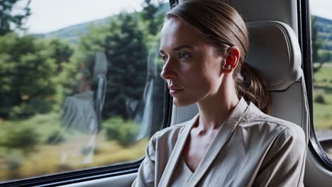 pensive businesswoman gazing out of a train window, absorbing the tranquil countryside and drifting thoughts during a relaxing travel experience