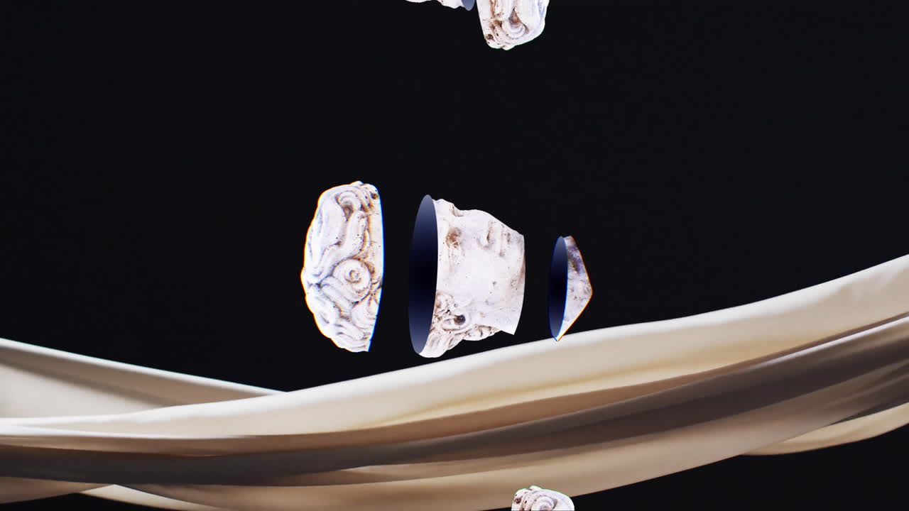 검은색 바탕에 베이지색 직물 위에 떨어지는 고대 조각의 머리의 애니메이션