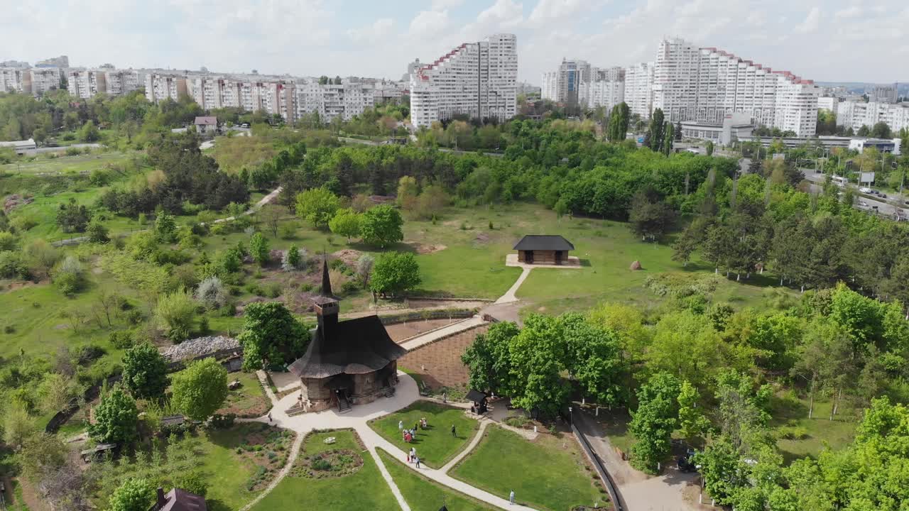 Aerial fly Village Museum Chișinău Traditional Moldovan Architecture Green Landscape