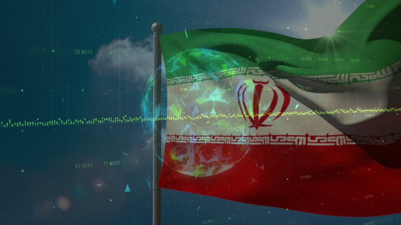 Iranian flag waving with digital data and globe animation overlay