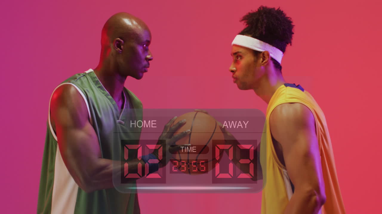 Animation of match scoreboard over african american male basketball opponent players holding ball