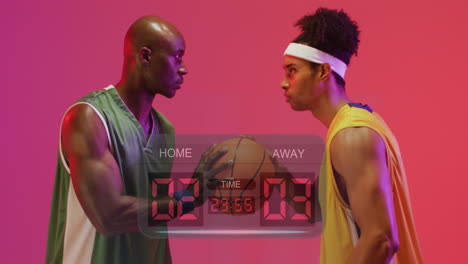 animation of match scoreboard over african american male basketball opponent players holding ball