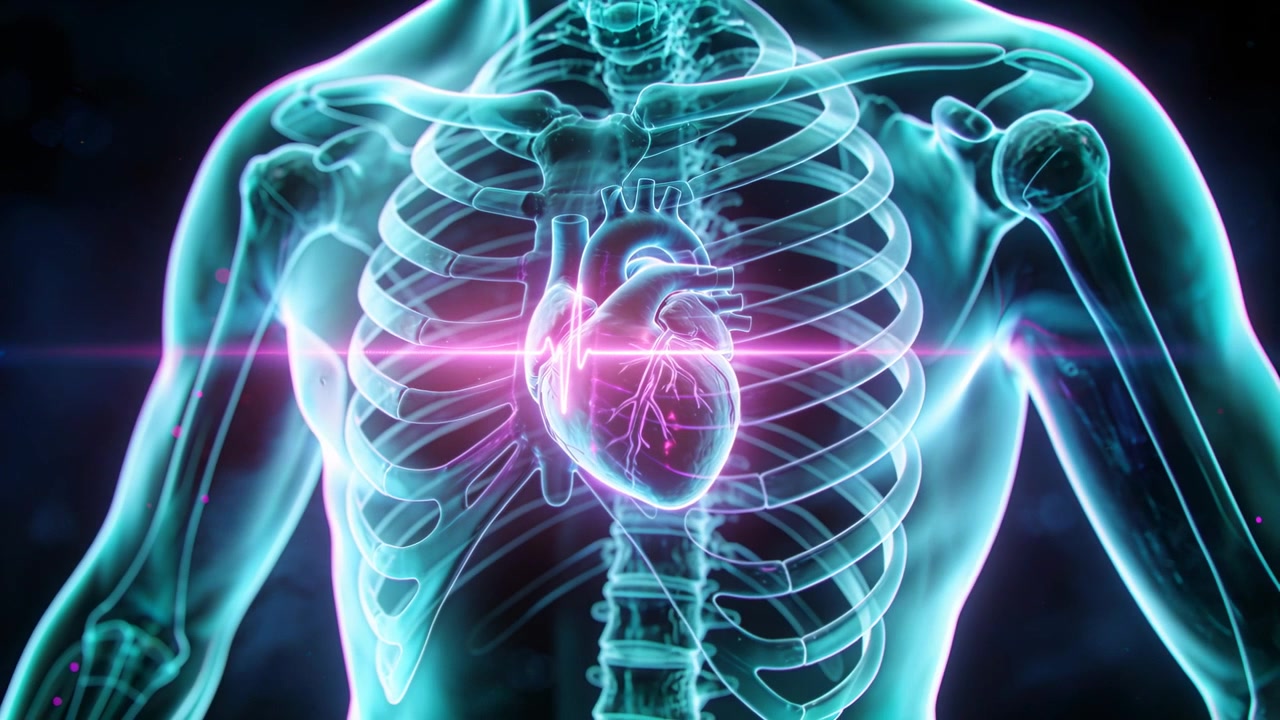 Torace pulsante che mostra il cuore che si contrae e si rilassa in un'illustrazione medica, con una banda EKG magenta che si illumina.