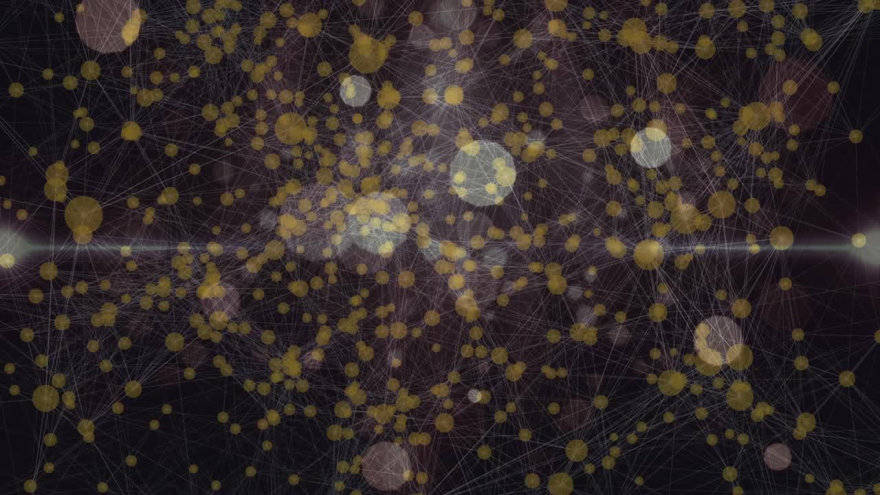 Central glow surging, gold dots pulsing and clustering then dispersing across dark network for data