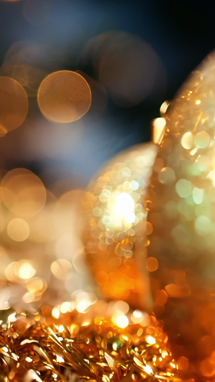 A gold ornament sits on a table with a pine cone. The ornament is surrounded by glitter, giving it a festive and celebratory feel