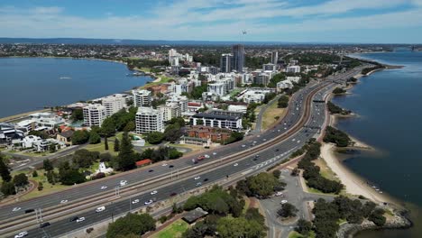 aerial view by drone over state route 2 in perth, western australia