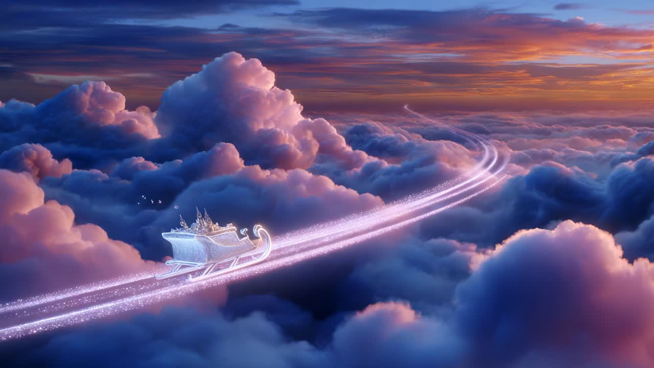 A Magical Sleigh Journey Through Colorful Clouds at Sunset, Illuminated by Sparkling Trails of Light, Capturing the Imagination and Wonder of Fantasy Adventures High Above the World Below