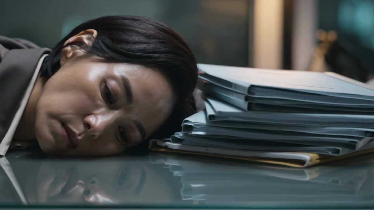 Leaning woman resting cheek on glass office desk in grey blazer as blurred hand reaching folders
