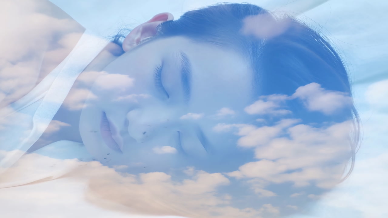 Asian Woman Sleeping Under Cloud Overlay, Peaceful Dream Sequence Closeup Portrait, Pillow And Soft Blue