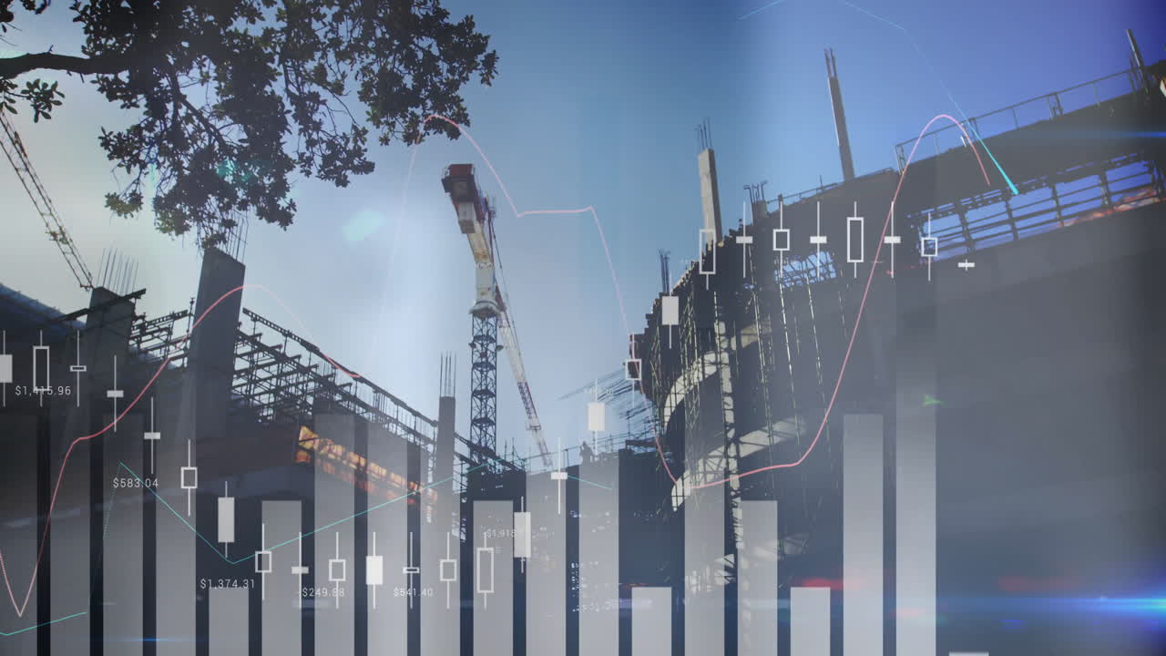 Tower crane lifting steel beams over scaffold skeleton, showing bar graphs and candlestick trends