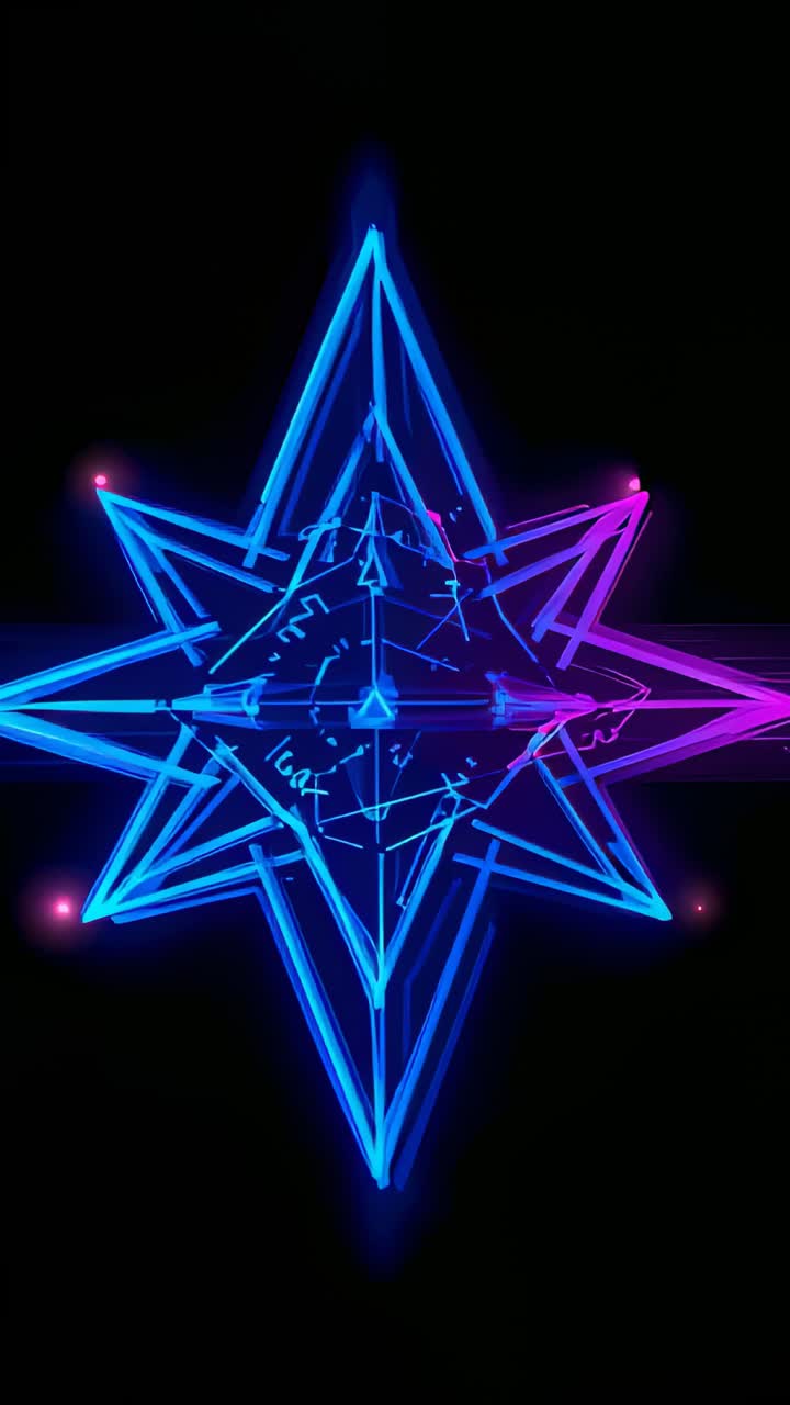 Vertical video: Looping neon 8-point star pulsing, rotating on black with magenta nodes as hologram