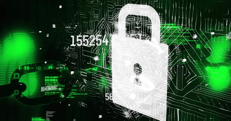 Animation of chain, computer data processing over padlock circuit board