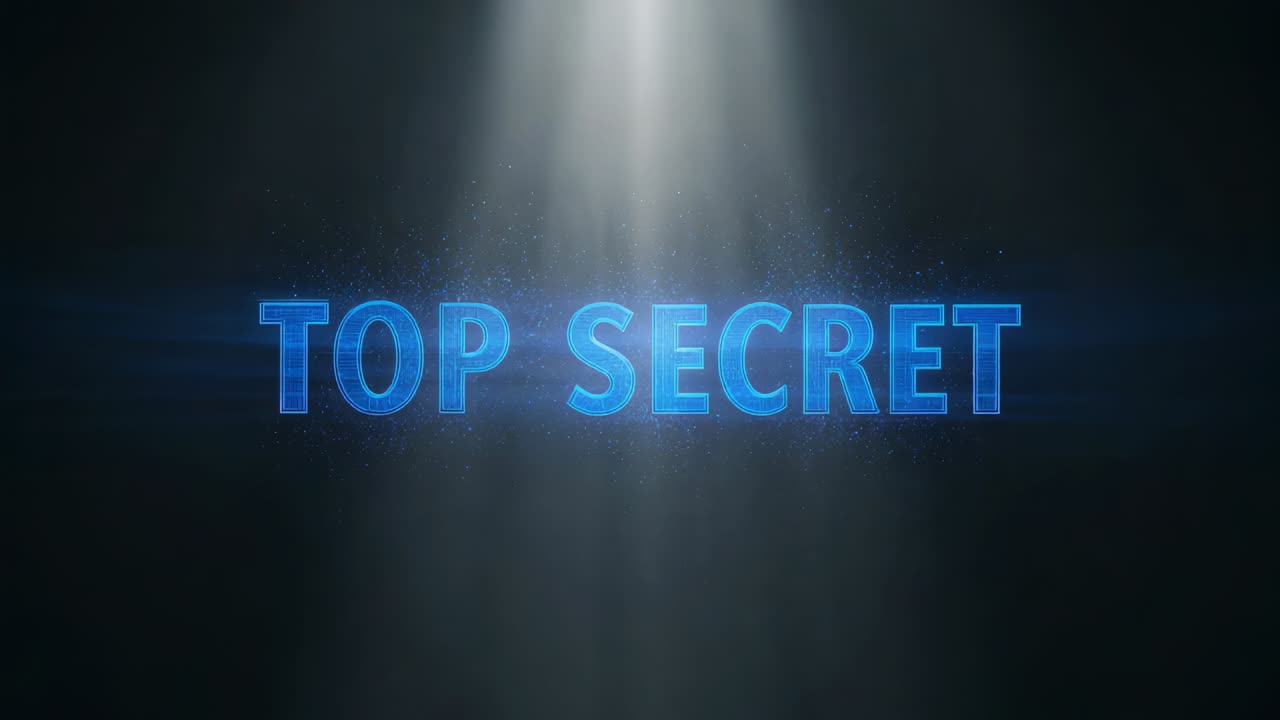 Luminosi raggi dall’alto rivelano il testo TOP SECRET centrato su uno studio scuro, con bagliore blu