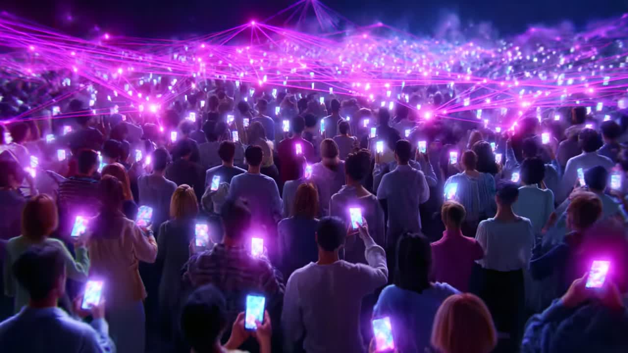 A Vast Audience Engaged with Mobile Devices: Hundreds of People Captivated by a Digital Light Show Illuminated with Vibrant Purple Connections, Creating a Spectacle of Connectivity and Technology