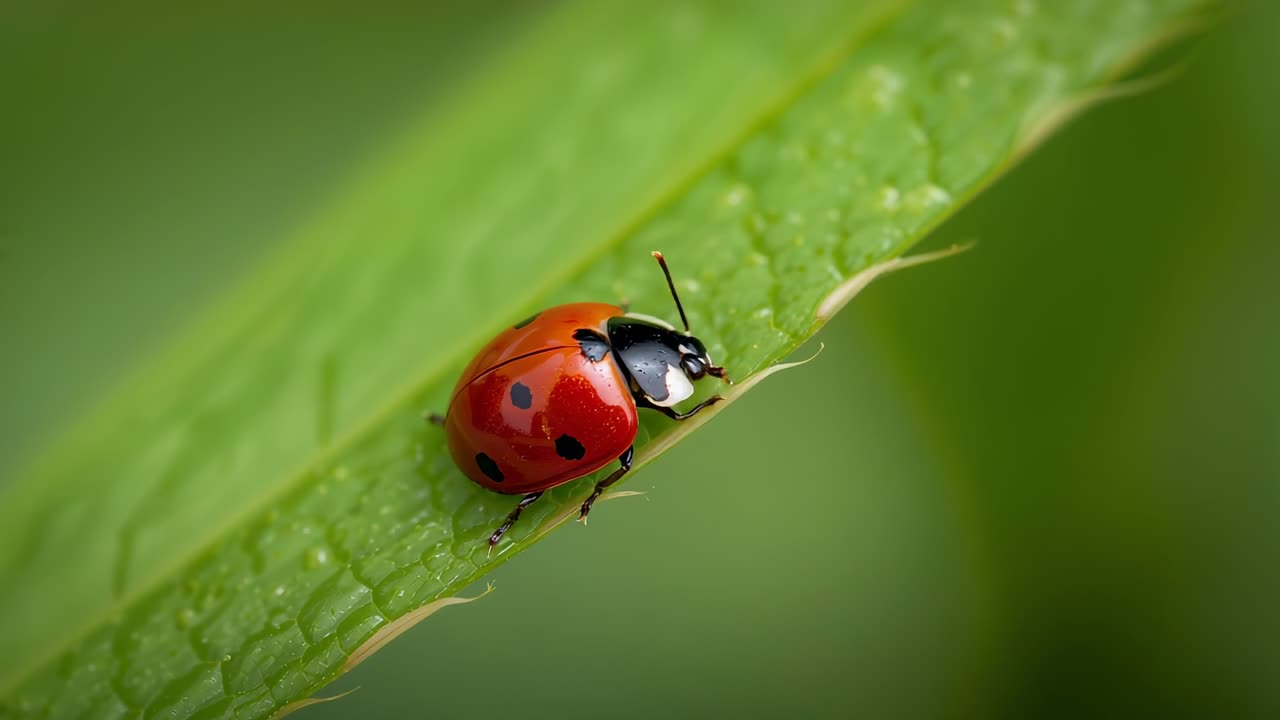 Sweeping antennae after touching leaf, red ladybug crawling along serrated green leaf, probing tip