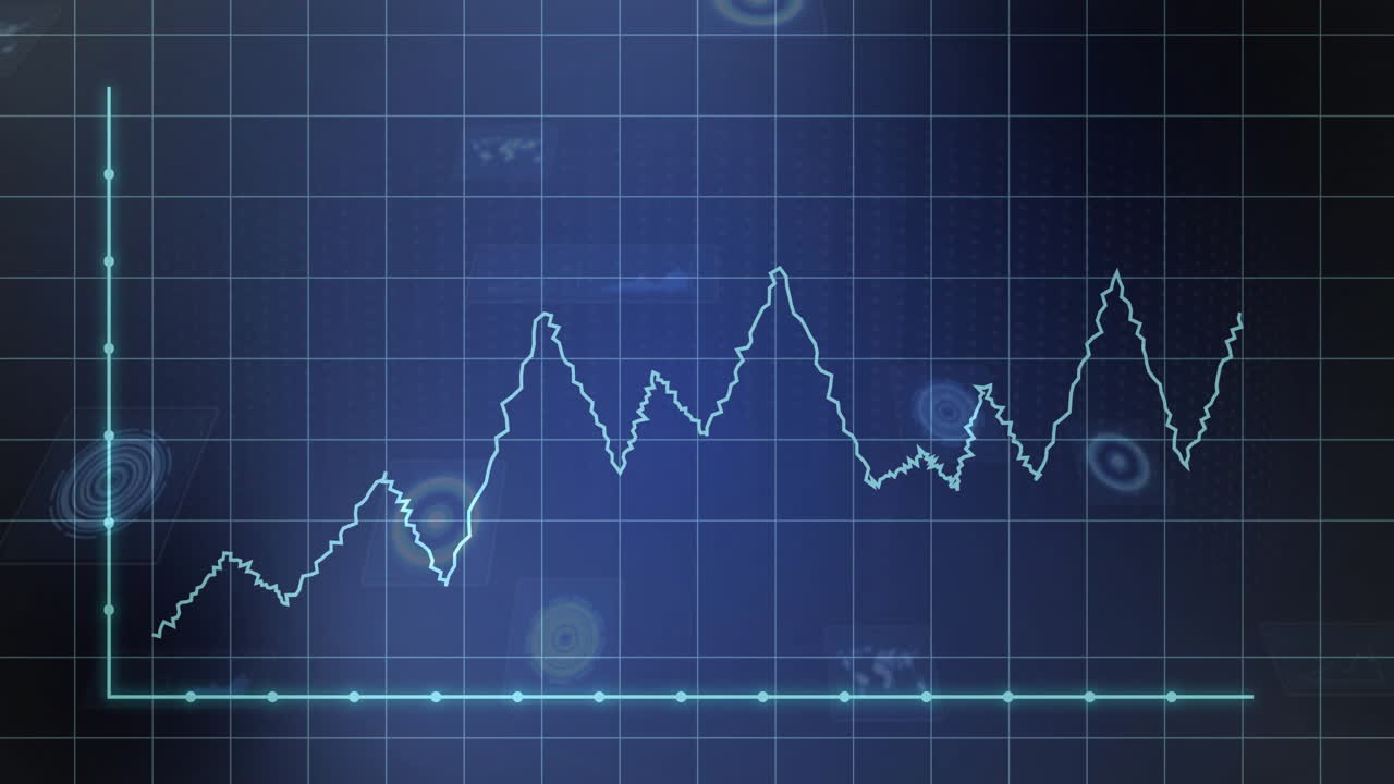 Animation of fluctuating line graph with glowing data points on blue grid background