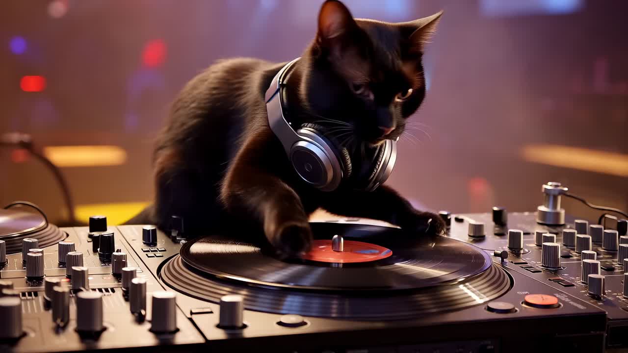 Giradischi che gira attirando un gatto nero, che colpisce un vinile con etichetta rossa su un mixer da DJ, con indosso delle cuffie