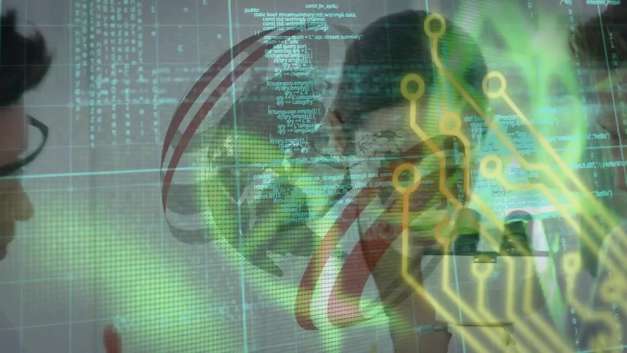 Animazione di filamento di DNA ed elaborazione dati su diversi scienziati in laboratorio