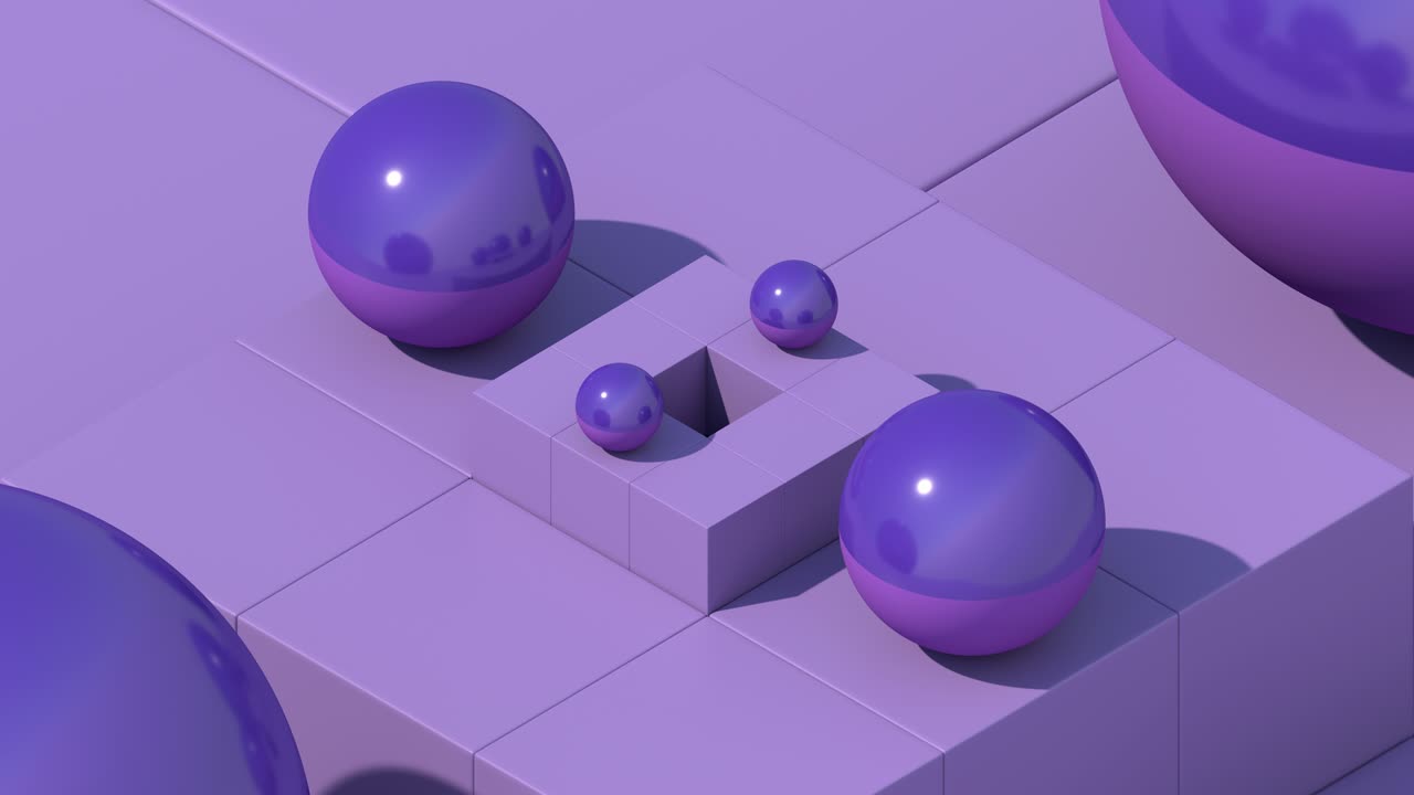 Blue and purple balls rolling on blocks. Abstract animation, 3d render.