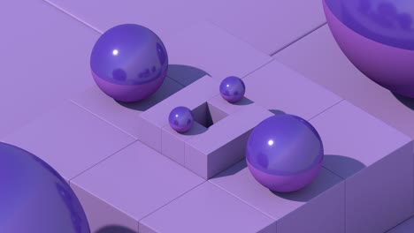 blue and purple balls rolling on blocks. abstract animation, 3d render.