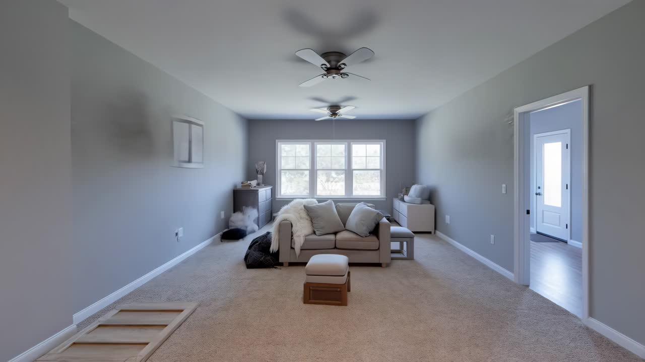 Empty room with moving boxes and renovation materials