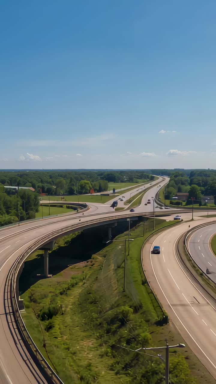 Vertical video: Entering vehicles on highway ramps during AM commute, crossing bridge with truck