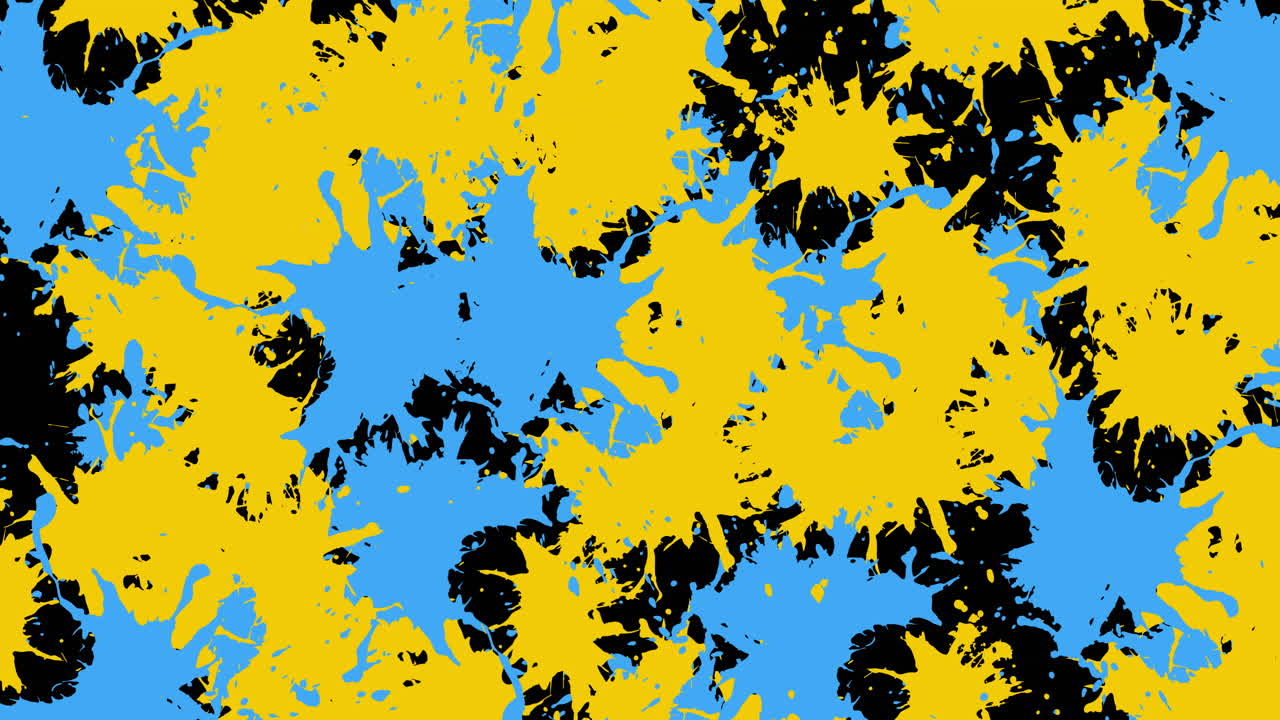 Animation of blue and yellow splashes of paint on black background