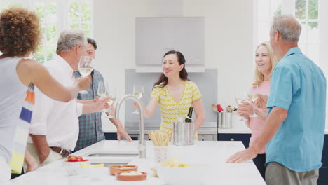 group of multi-cultural senior friends on summer vacation meeting for drinks in holiday apartment