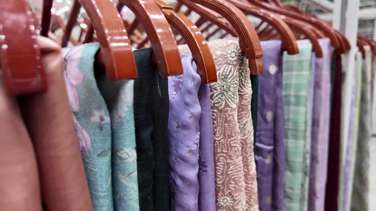 Display of colorful scarves on hangers