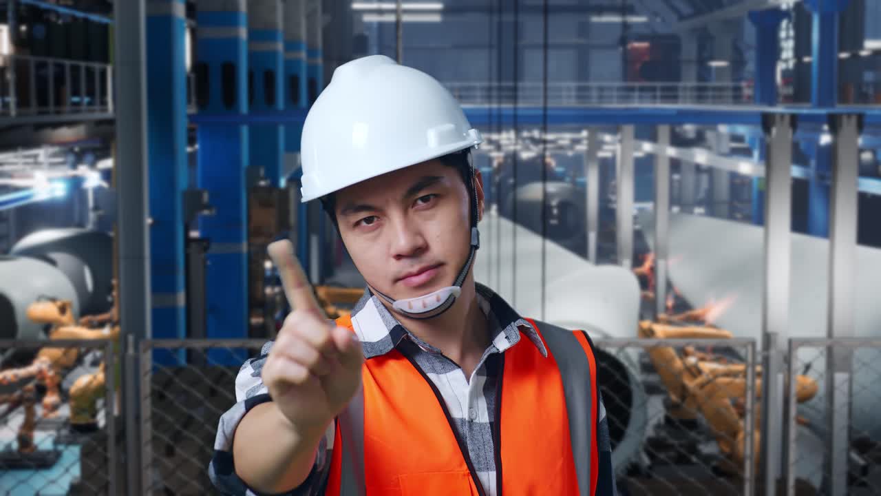 안전 헬을 입은 아시아 남성 엔지니어가 풍력 터빈 제조 공장에서 서 있는 동안 지표손가락 표시 없이 불쾌감을 표합니다.