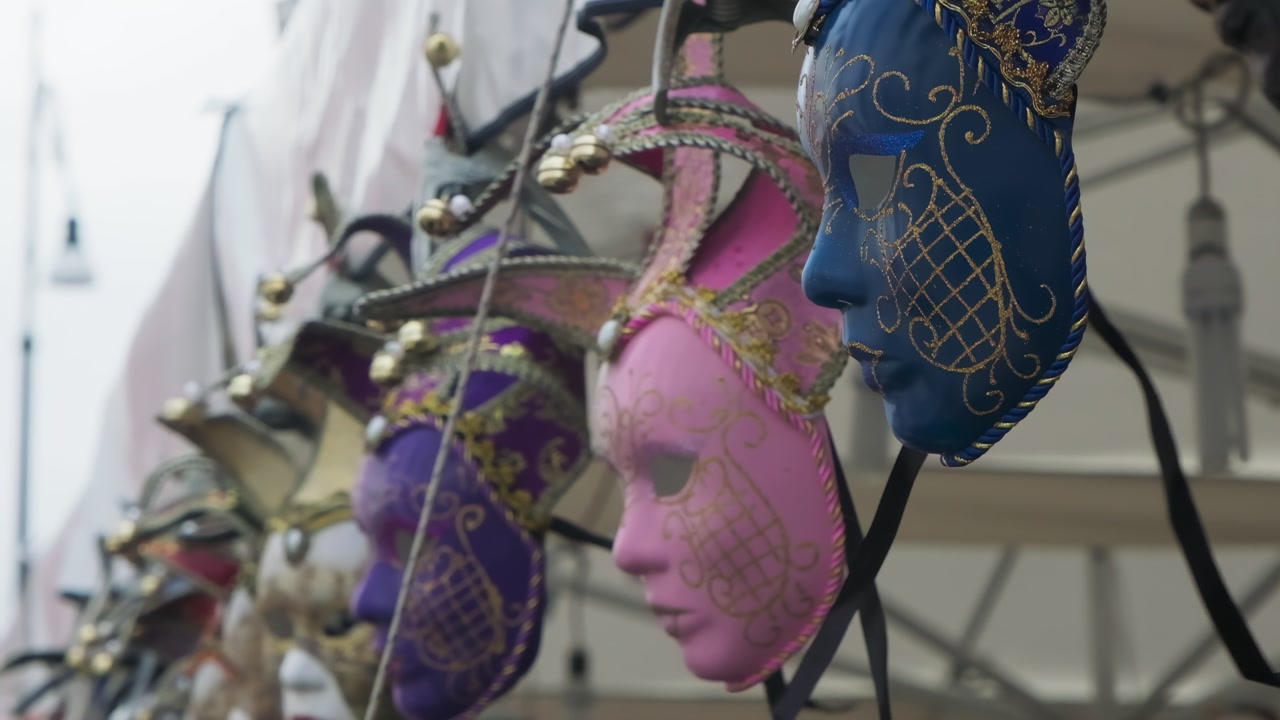 Colorful ornamental masks swaying gently on display at outdoor market in slow motion. Blue and purple Venetian-style costume pieces with gold embellishments hanging from vendor stall.