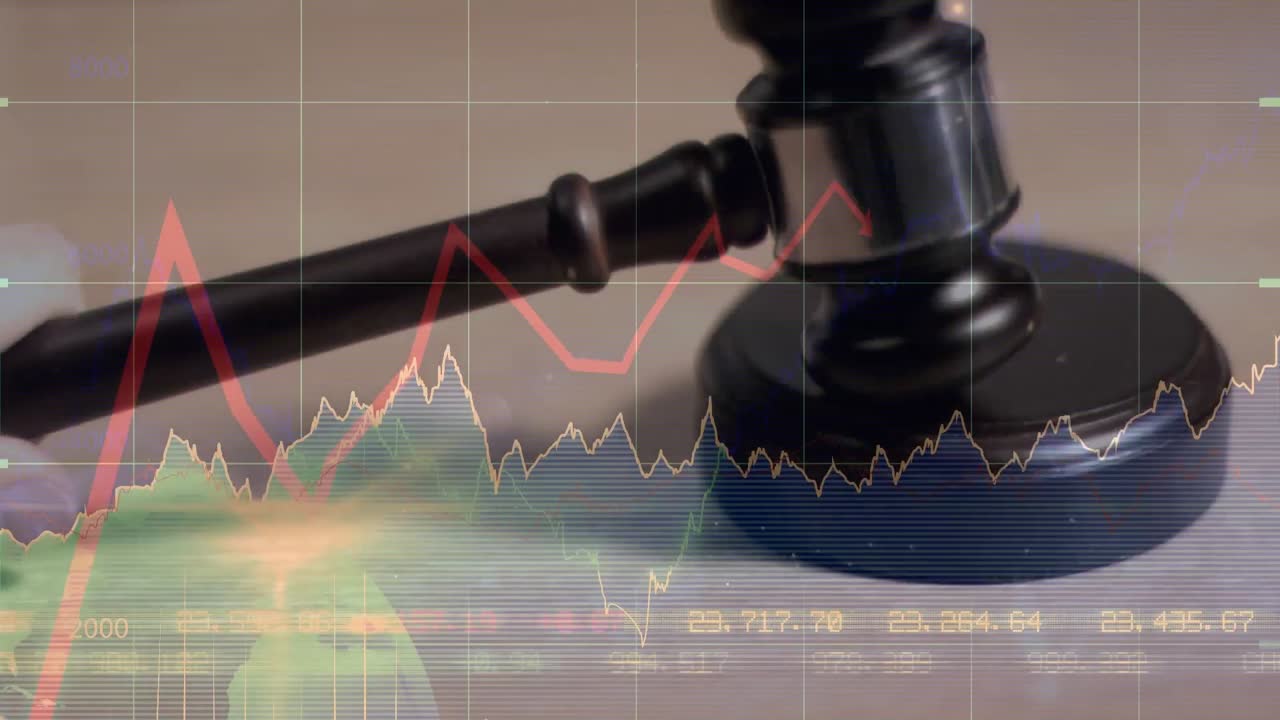 Animation of statistics and financial data processing over auctioneer's hammer