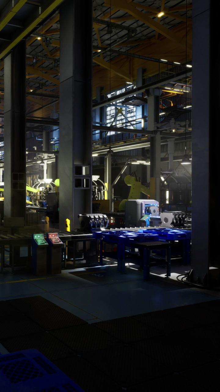 Busy factory floor glows with vibrant lights showcasing machinery at work