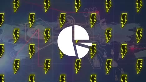 animación del procesamiento de datos sobre íconos y íconos de relámpago.