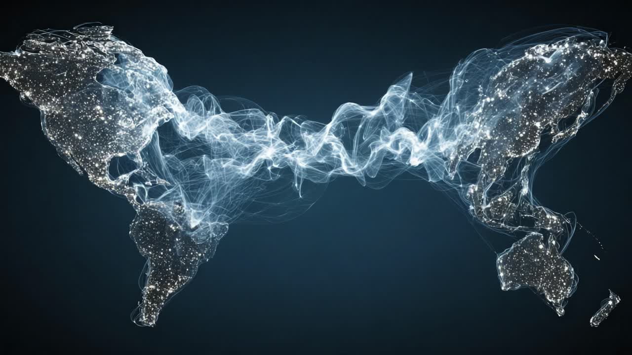 Abstract world map showing nighttime city lights with glowing digital particle streams connecting continents, symbolizing global data transfer, communication, and technological networking