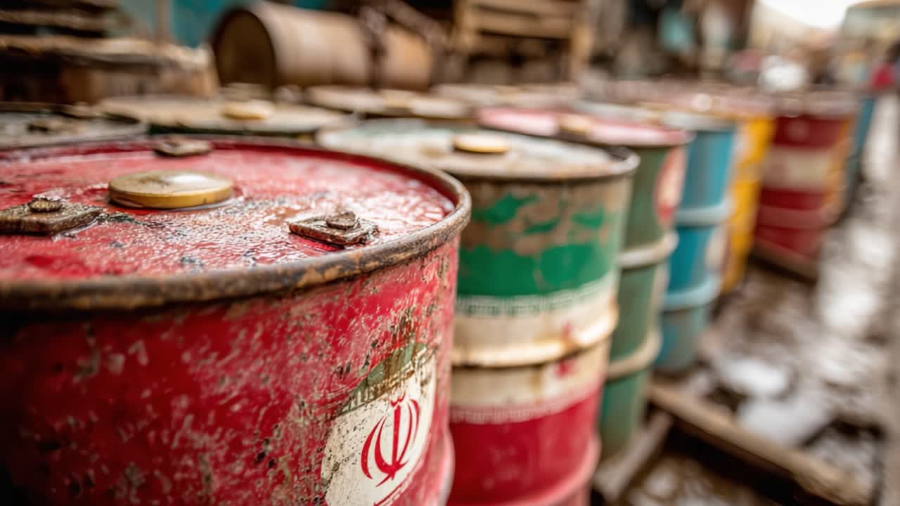 Nærbillede af farverige industritønder i et bymiljø, der fremhæver varierede farver og teksturer, som afspejler tidens gang og brug.