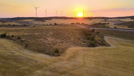 Silhouettes-windmills,-large-orange-sun-disc-summer-lens-flare-and-high-speed-railway-infrastructure-surrounded-by-wheat-field