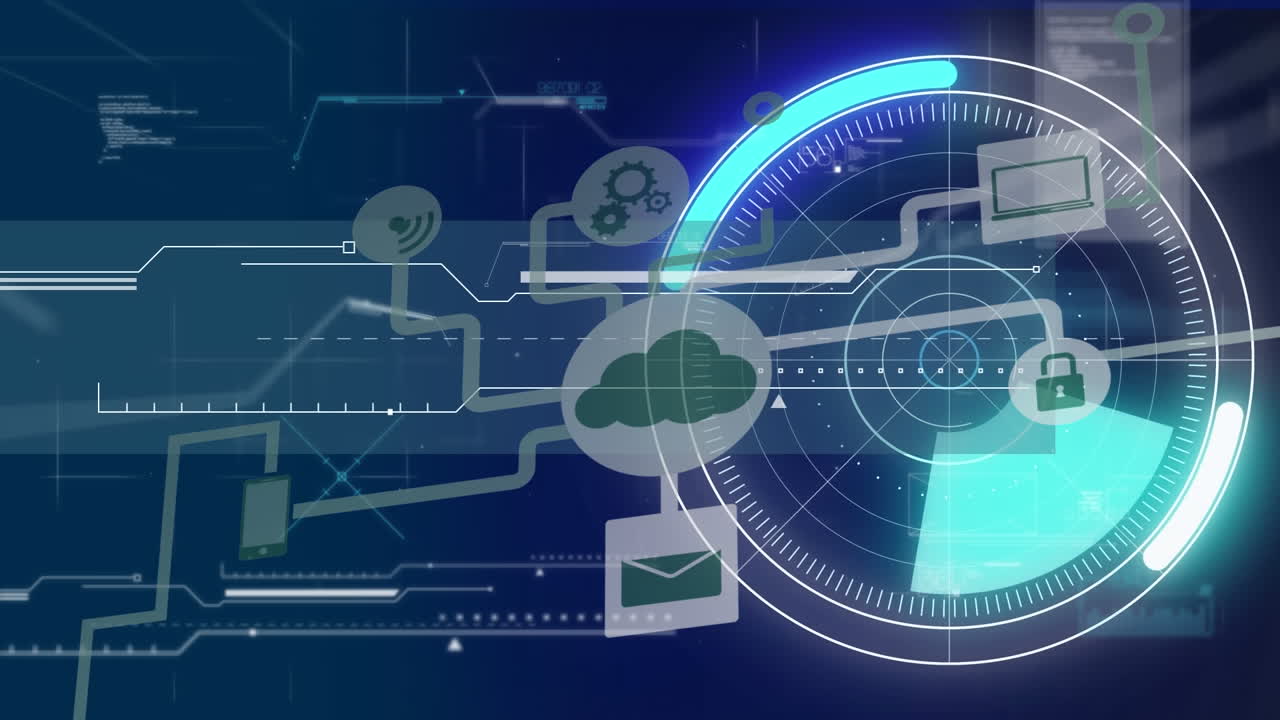 Animation of digital screen with diverse data, radar and tech icons