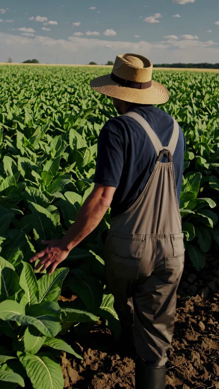 Um quadro de vídeo mostra um agricultor de macacão e chapéu de palha caminhando por campos verdes luxuriantes.