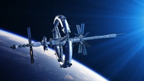 estación espacial futurista en los rayos de luz azul