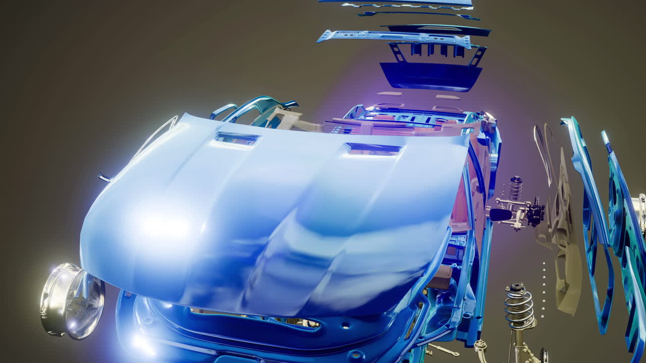 Disassembled blue car showcasing intricate details and components