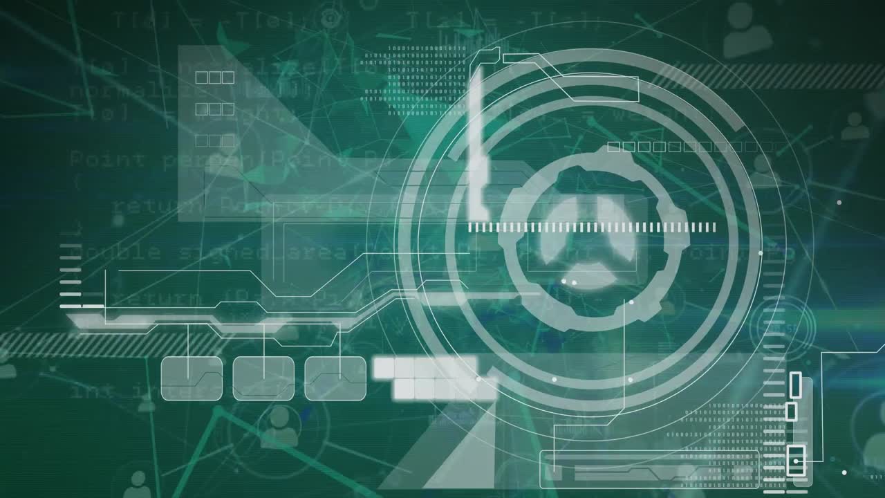 사람 아이콘과 그리드 상의 데이터 처리와 연결 네트워크의 애니메이션