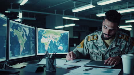 military officer analyzing world maps