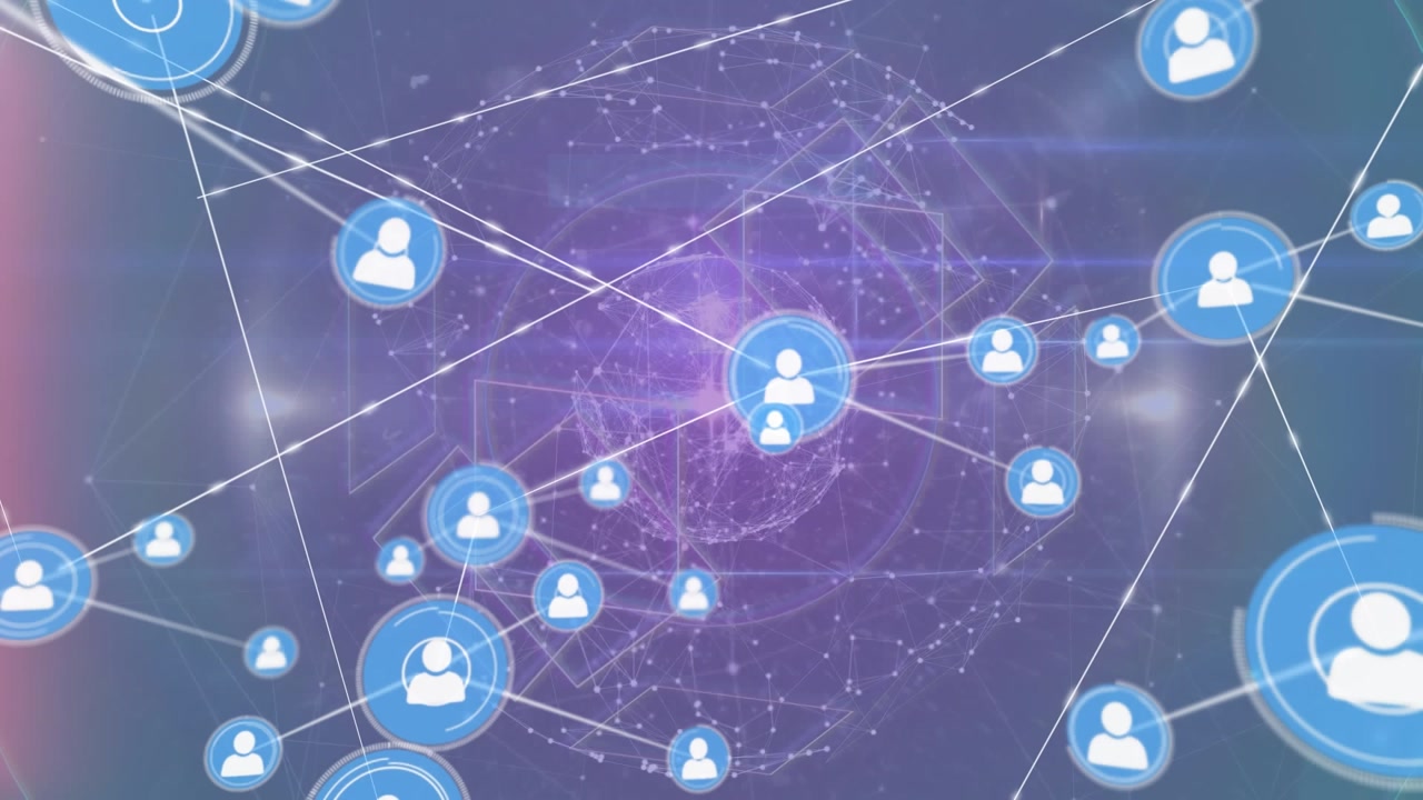 Animation of network of profile icons over globe of network of connections and rainbow lens flare