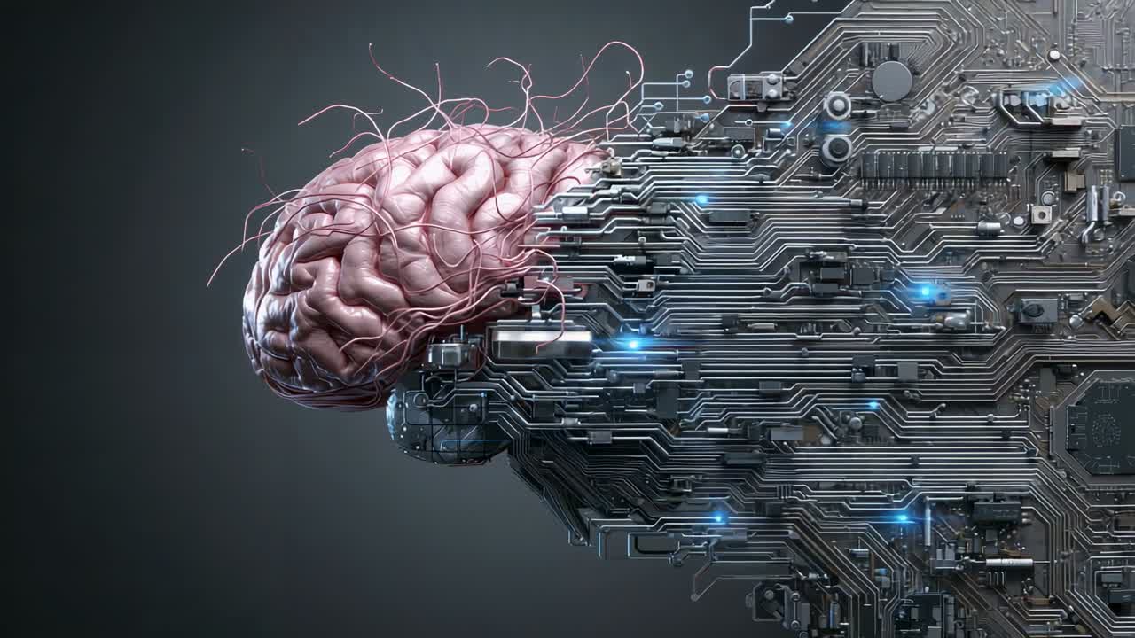 Connecting brain tendrils on contact in studio, sending blue pulses to chips for fusion, copy space