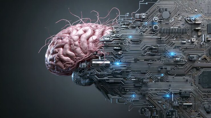 Connecting brain tendrils on contact in studio, sending blue pulses to chips for fusion, copy space