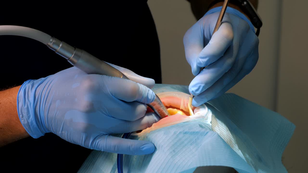 médico que trabaja con la máquina de fresado dental cnc. especialista prepara los dientes del paciente para revestimientos de cerámica con herramientas especiales. concepto de odontología cosmética, medicina, estomatología