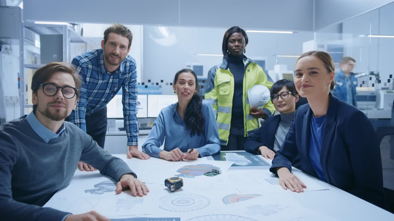 Factory Meeting Video Conference POV: Diverse and Multi-Ethnic Team of Engineers, Managers, Specialists Talk while Looking at Camera. Background High-Tech Modern Electronics Industrial Factory
